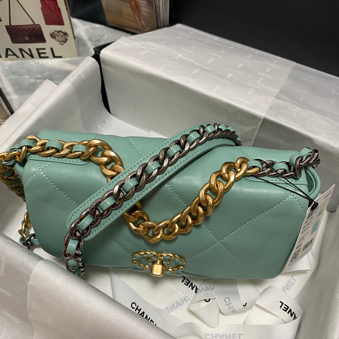 Ch**el 19 calfskin in blue green-26×16×9cm