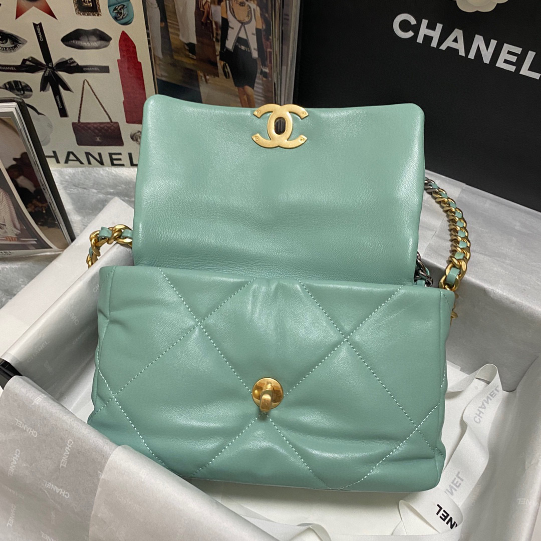 Ch**el 19 calfskin in blue green-26×16×9cm